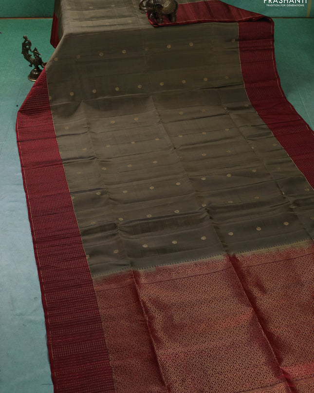 Pure soft silk saree elaichi green and maroon with woven buttas and zari checked border