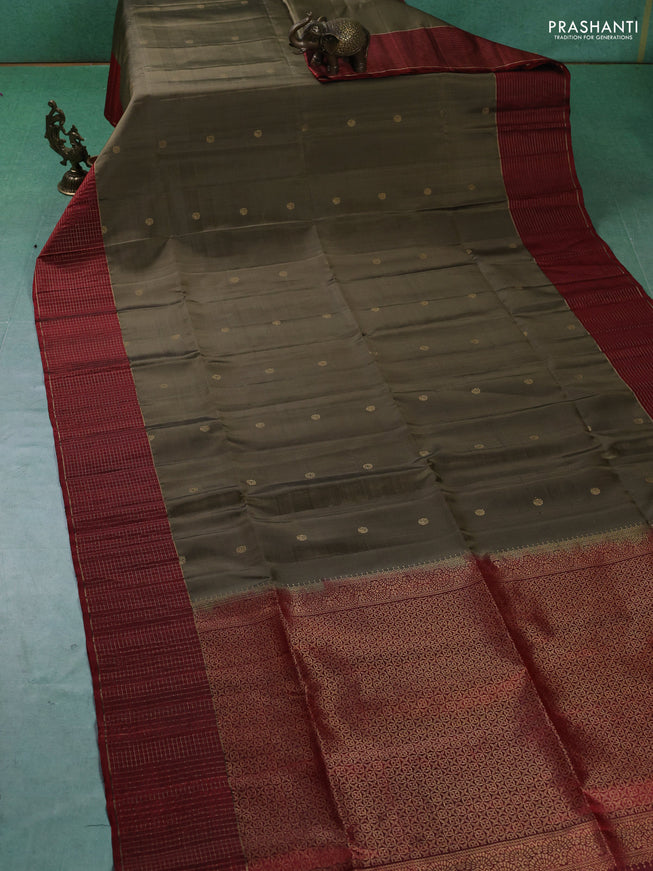 Pure soft silk saree elaichi green and maroon with woven buttas and zari checked border