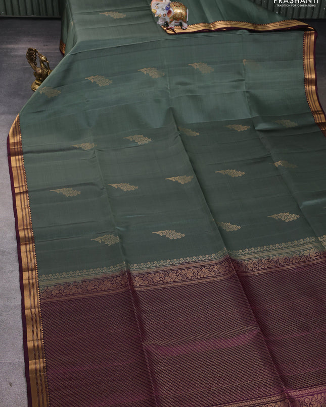 Pure soft silk saree pastel green and wine shade with zari woven buttas and zari woven border
