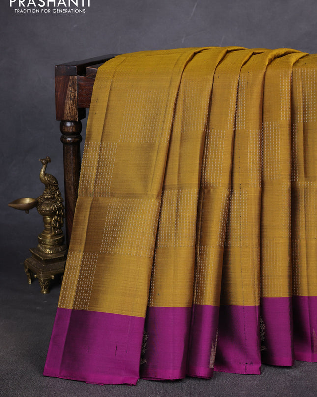 Pure soft silk saree mustard yellow and magenta pink with allover zari weaves and temple design butta border