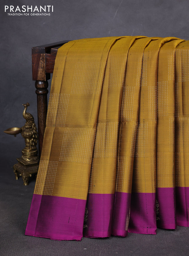 Pure soft silk saree mustard yellow and magenta pink with allover zari weaves and temple design butta border