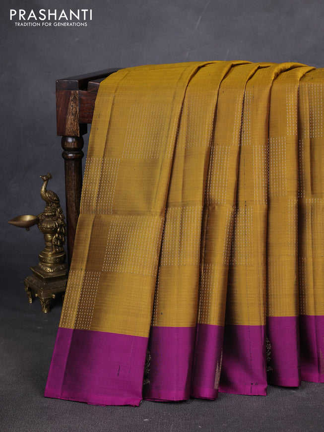 Pure soft silk saree mustard yellow and magenta pink with allover zari weaves and temple design butta border