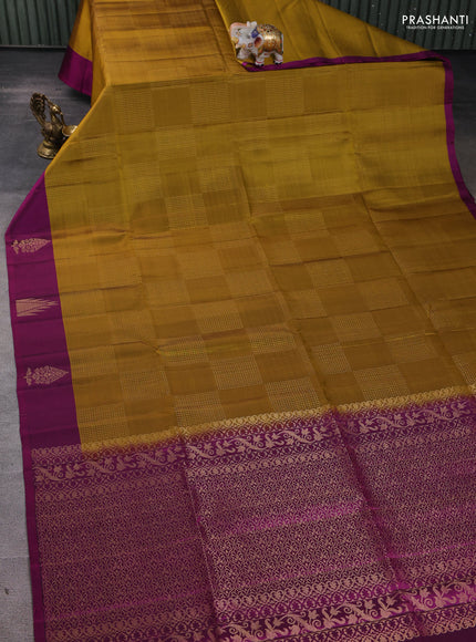 Pure soft silk saree mustard yellow and magenta pink with allover zari weaves and temple design butta border