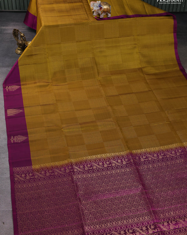 Pure soft silk saree mustard yellow and magenta pink with allover zari weaves and temple design butta border