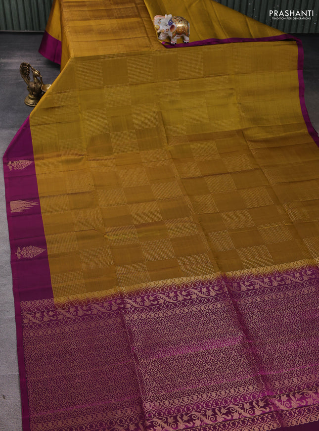 Pure soft silk saree mustard yellow and magenta pink with allover zari weaves and temple design butta border