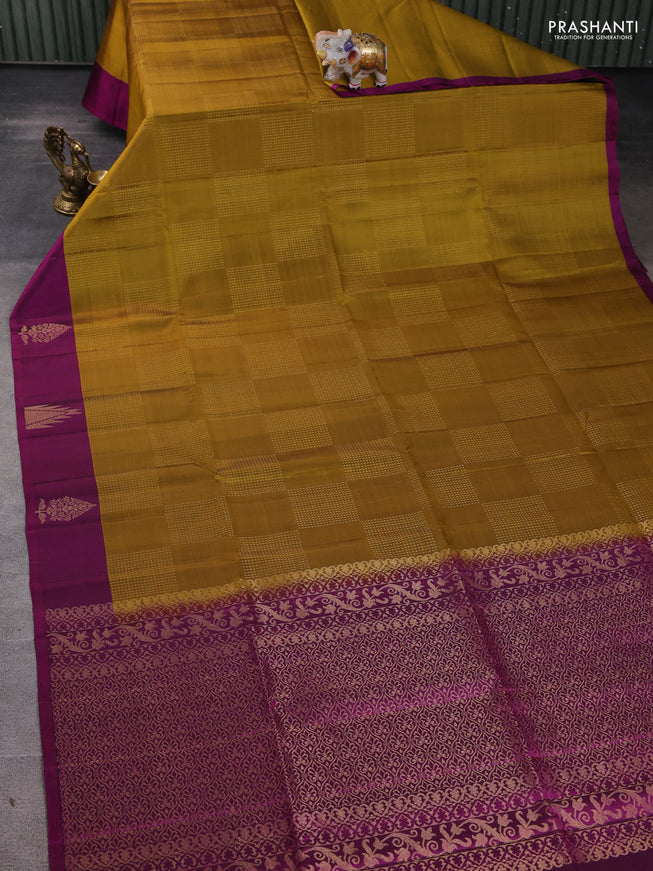 Pure soft silk saree mustard yellow and magenta pink with allover zari weaves and temple design butta border