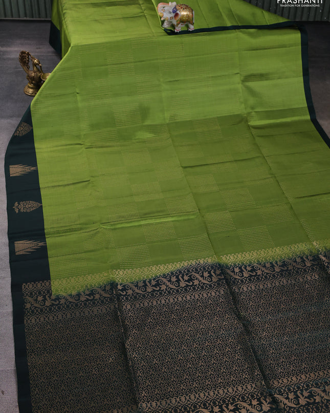 Pure soft silk saree light green and dark green with allover zari weaves and temple design butta border