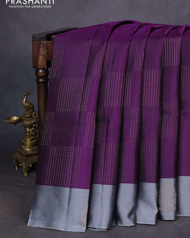 Pure soft silk saree purple and grey with allover zari weaves and temple design butta border