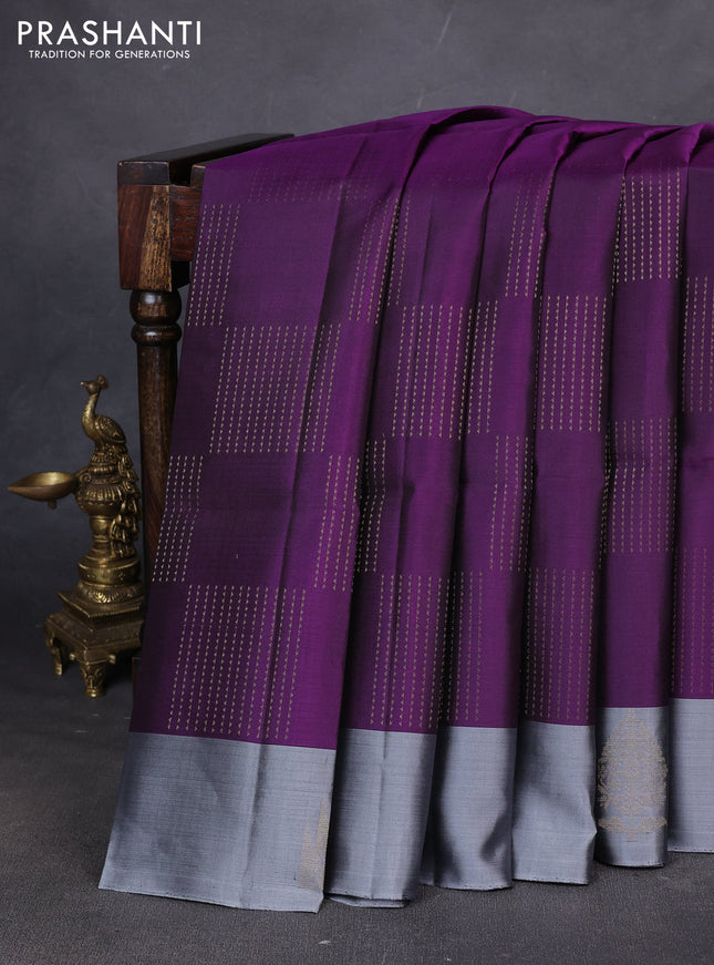 Pure soft silk saree purple and grey with allover zari weaves and temple design butta border