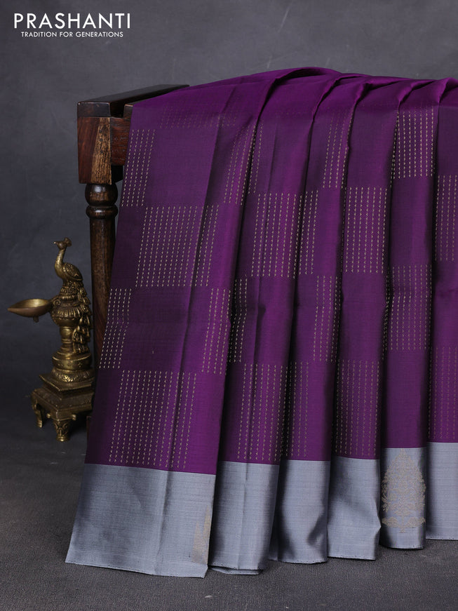 Pure soft silk saree purple and grey with allover zari weaves and temple design butta border