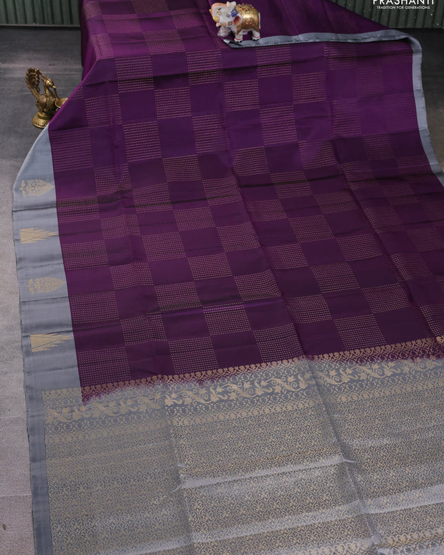 Pure soft silk saree purple and grey with allover zari weaves and temple design butta border