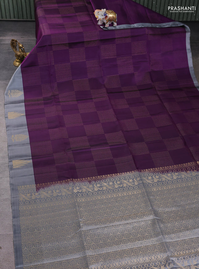 Pure soft silk saree purple and grey with allover zari weaves and temple design butta border