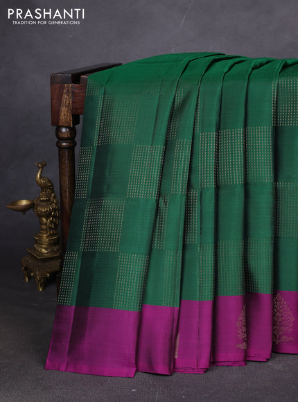 Pure soft silk saree green and magenta pink with allover zari weaves and temple design butta border