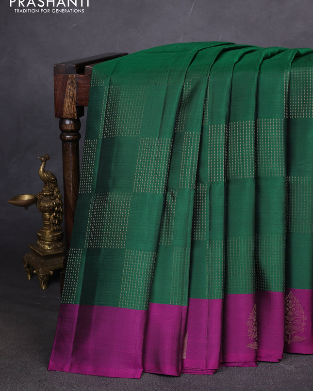 Pure soft silk saree green and magenta pink with allover zari weaves and temple design butta border