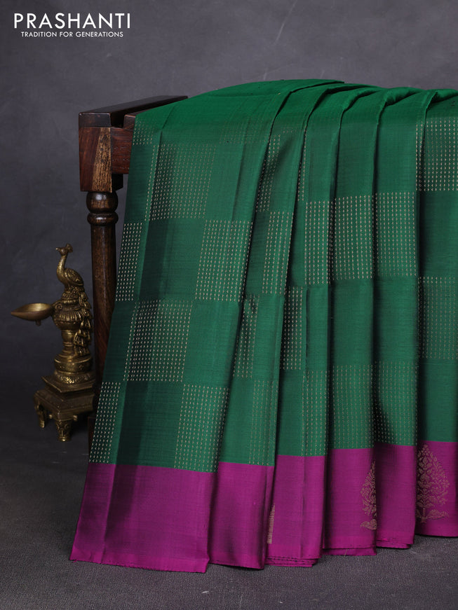 Pure soft silk saree green and magenta pink with allover zari weaves and temple design butta border