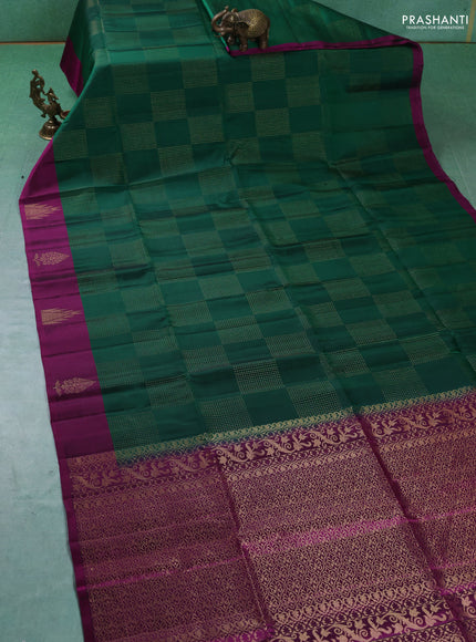 Pure soft silk saree green and magenta pink with allover zari weaves and temple design butta border