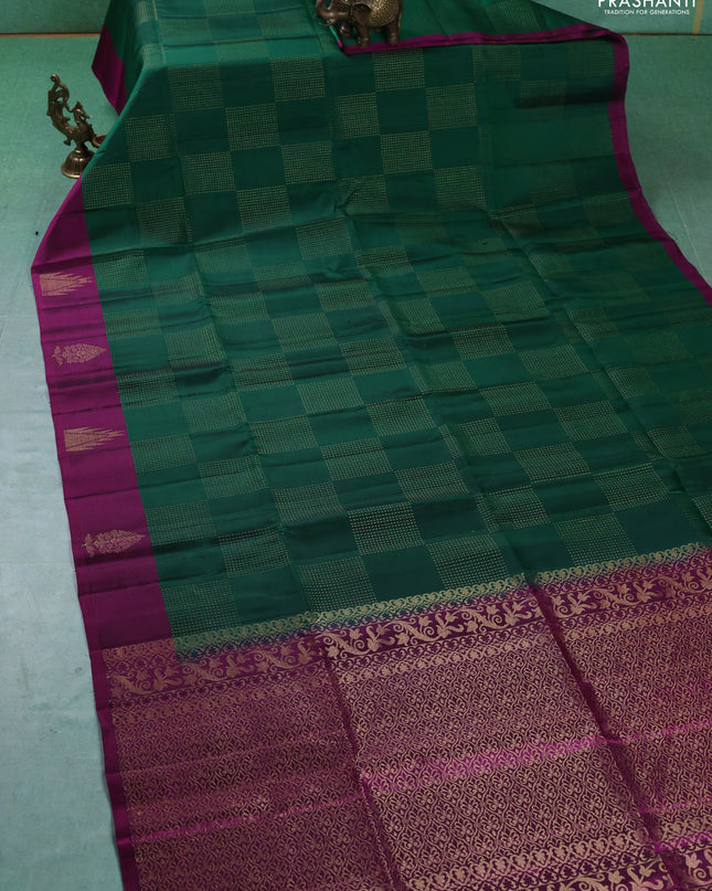Pure soft silk saree green and magenta pink with allover zari weaves and temple design butta border