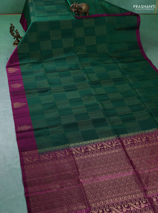 Pure soft silk saree green and magenta pink with allover zari weaves and temple design butta border