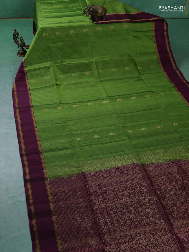 Pure soft silk saree green and purple with allover zari woven checks & buttas and rettapet zari woven border