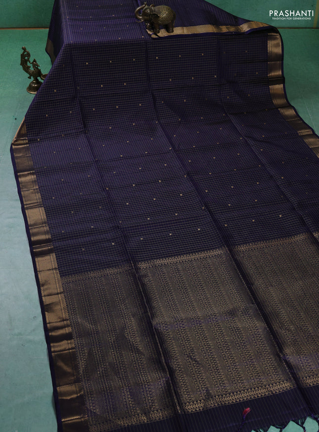 Pure soft silk saree dark blue with allover zari woven checks & buttas and zari woven border