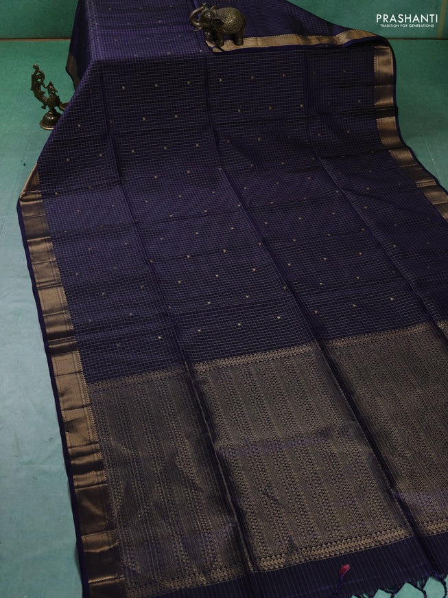 Pure soft silk saree dark blue with allover zari woven checks & buttas and zari woven border