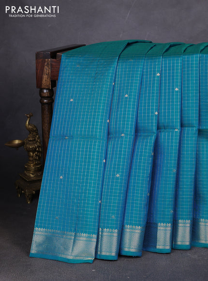 Pure soft silk saree teal blue with allover zari woven checks & buttas and zari woven border