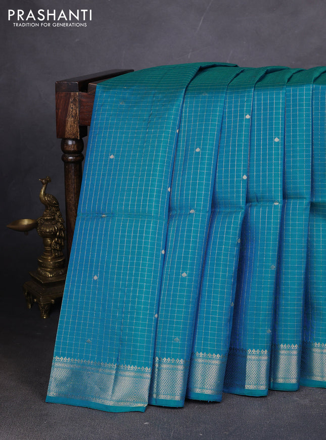Pure soft silk saree teal blue with allover zari woven checks & buttas and zari woven border