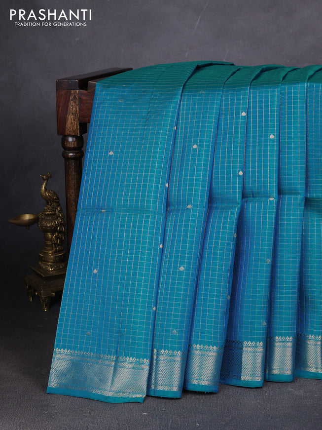 Pure soft silk saree teal blue with allover zari woven checks & buttas and zari woven border