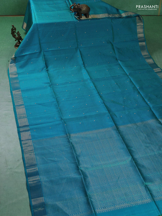 Pure soft silk saree teal blue with allover zari woven checks & buttas and zari woven border