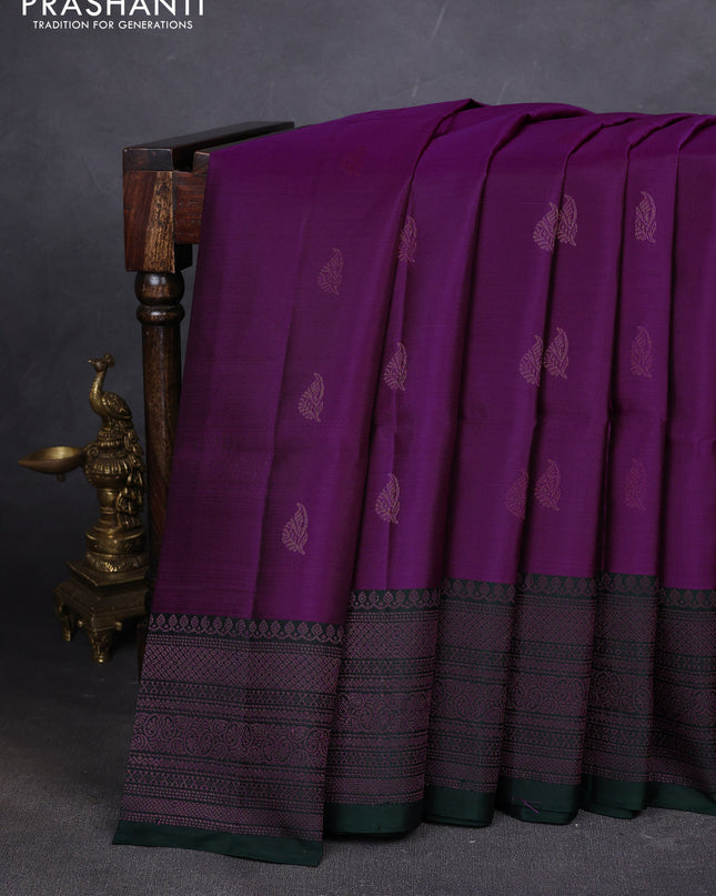 Pure soft silk saree magenta pink and dark green with zari woven buttas and woven border