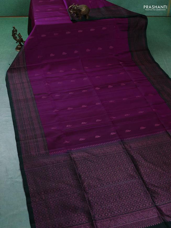 Pure soft silk saree magenta pink and dark green with zari woven buttas and woven border