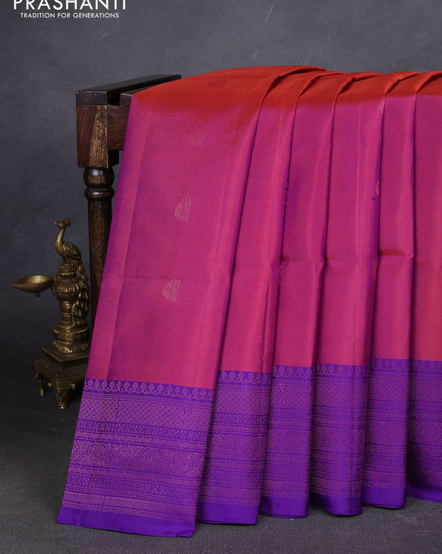Pure soft silk saree rustic orange and violet with zari woven buttas and woven border