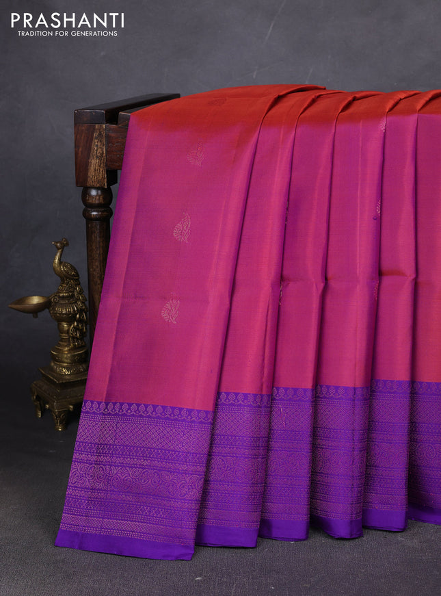 Pure soft silk saree rustic orange and violet with zari woven buttas and woven border