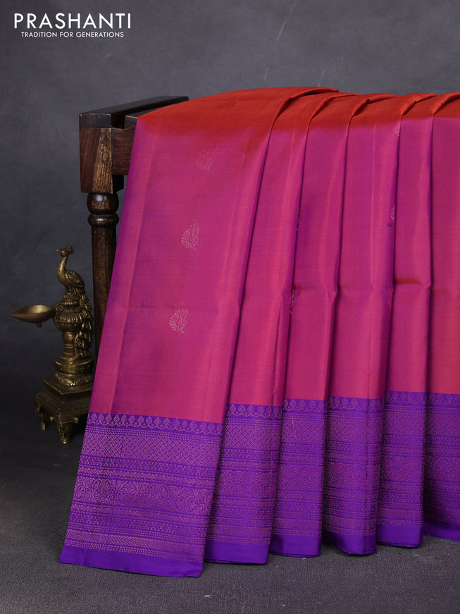 Pure soft silk saree rustic orange and violet with zari woven buttas and woven border