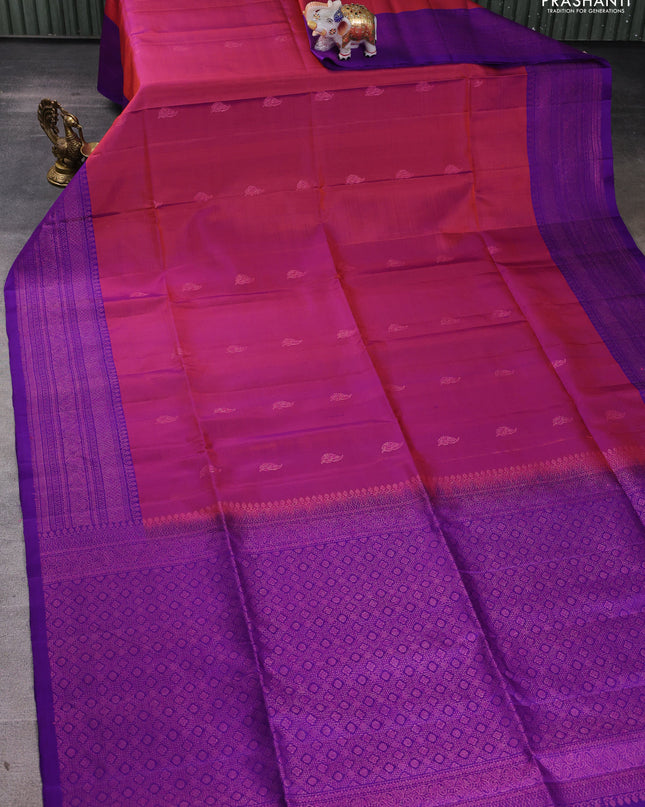 Pure soft silk saree rustic orange and violet with zari woven buttas and woven border
