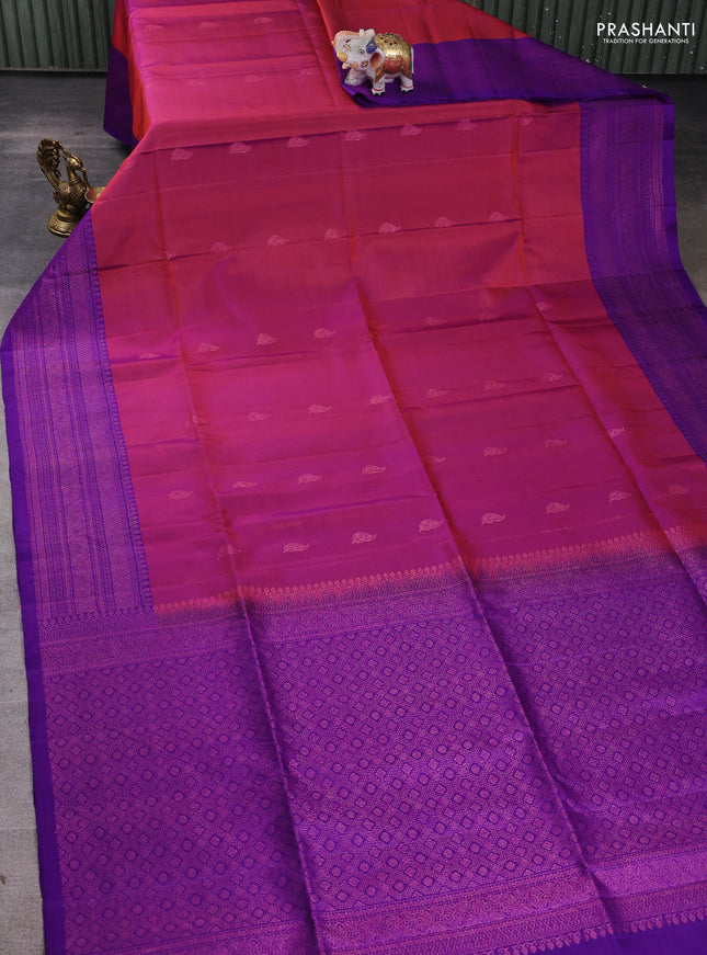 Pure soft silk saree rustic orange and violet with zari woven buttas and woven border