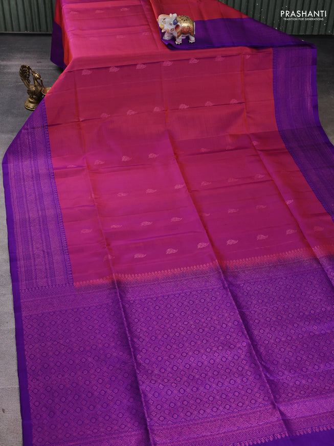 Pure soft silk saree rustic orange and violet with zari woven buttas and woven border