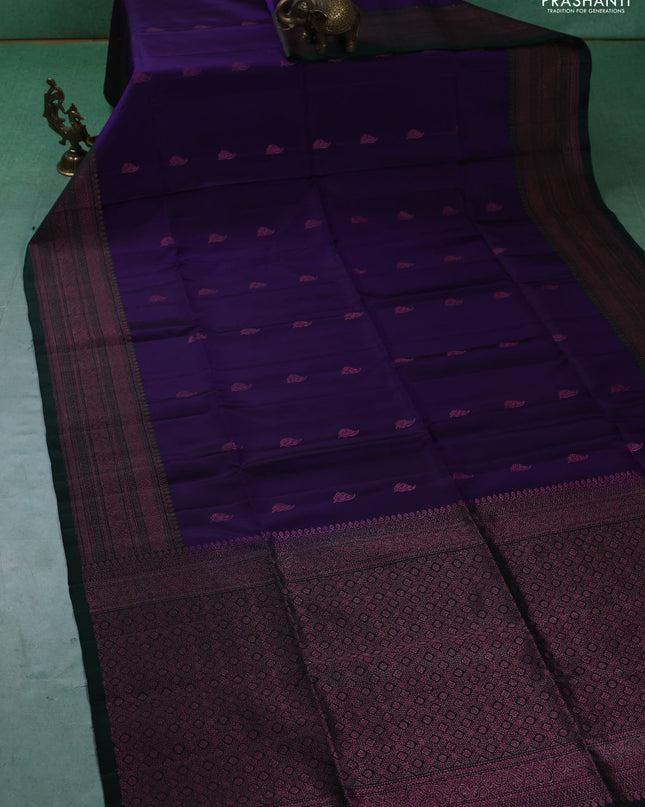 Pure soft silk saree violet and dark gree with zari woven buttas and woven border