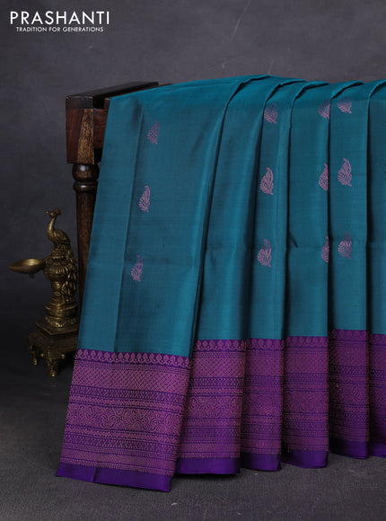 Pure soft silk saree teal green and blue with zari woven buttas and woven border
