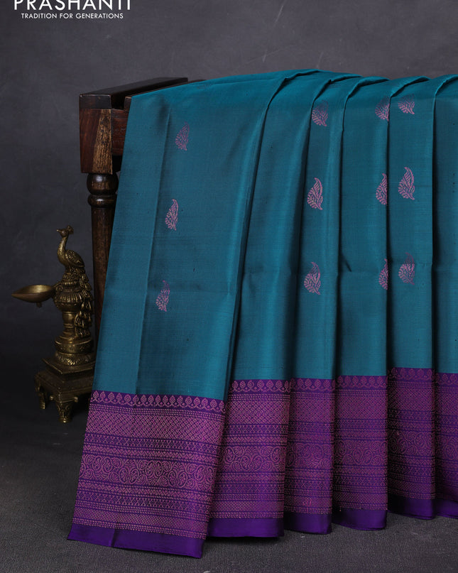 Pure soft silk saree teal green and blue with zari woven buttas and woven border