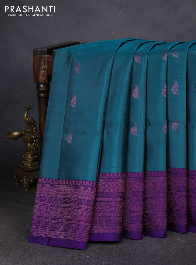 Pure soft silk saree teal green and blue with zari woven buttas and woven border