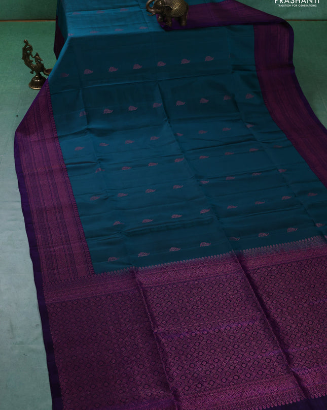 Pure soft silk saree teal green and blue with zari woven buttas and woven border