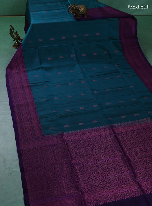 Pure soft silk saree teal green and blue with zari woven buttas and woven border