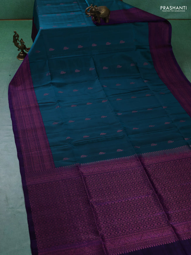 Pure soft silk saree teal green and blue with zari woven buttas and woven border