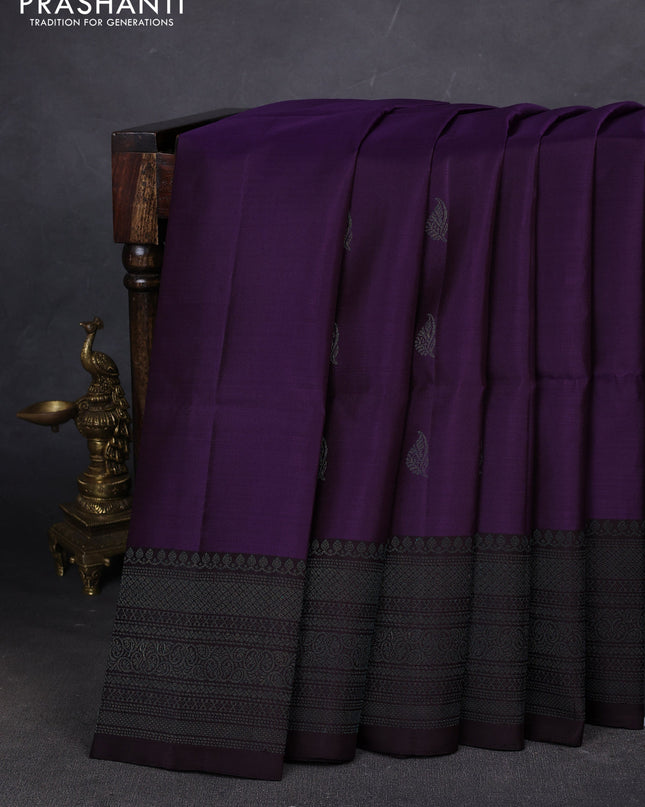 Pure soft silk saree violet and deep coffee brown with zari woven buttas and woven border