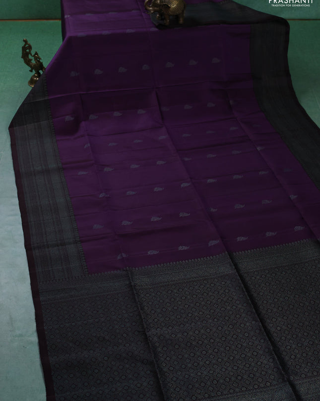 Pure soft silk saree violet and deep coffee brown with zari woven buttas and woven border