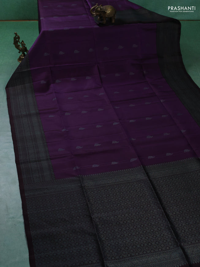 Pure soft silk saree violet and deep coffee brown with zari woven buttas and woven border
