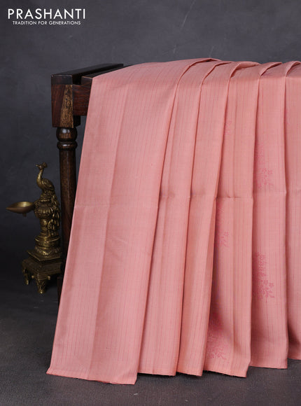 Pure soft silk saree mild peach and dark magenta pink with allover stripes pattern & woven buttas in borderless style
