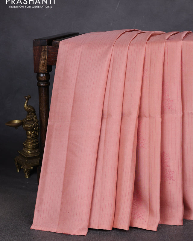 Pure soft silk saree mild peach and dark magenta pink with allover stripes pattern & woven buttas in borderless style