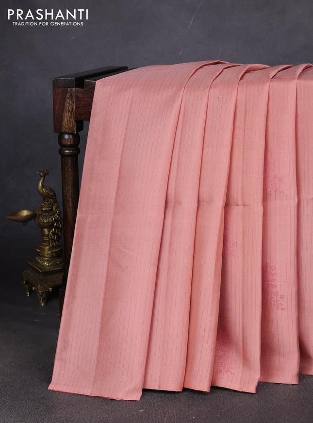 Pure soft silk saree mild peach and dark magenta pink with allover stripes pattern & woven buttas in borderless style